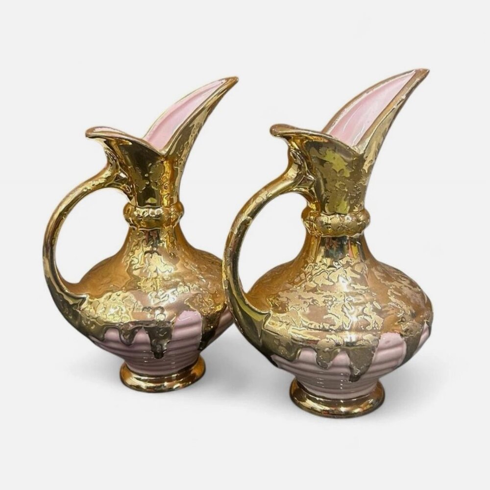 Vintage 24k MCM Savoy Weeping Gold Pink Pitcher Ewer Vase Pitcher